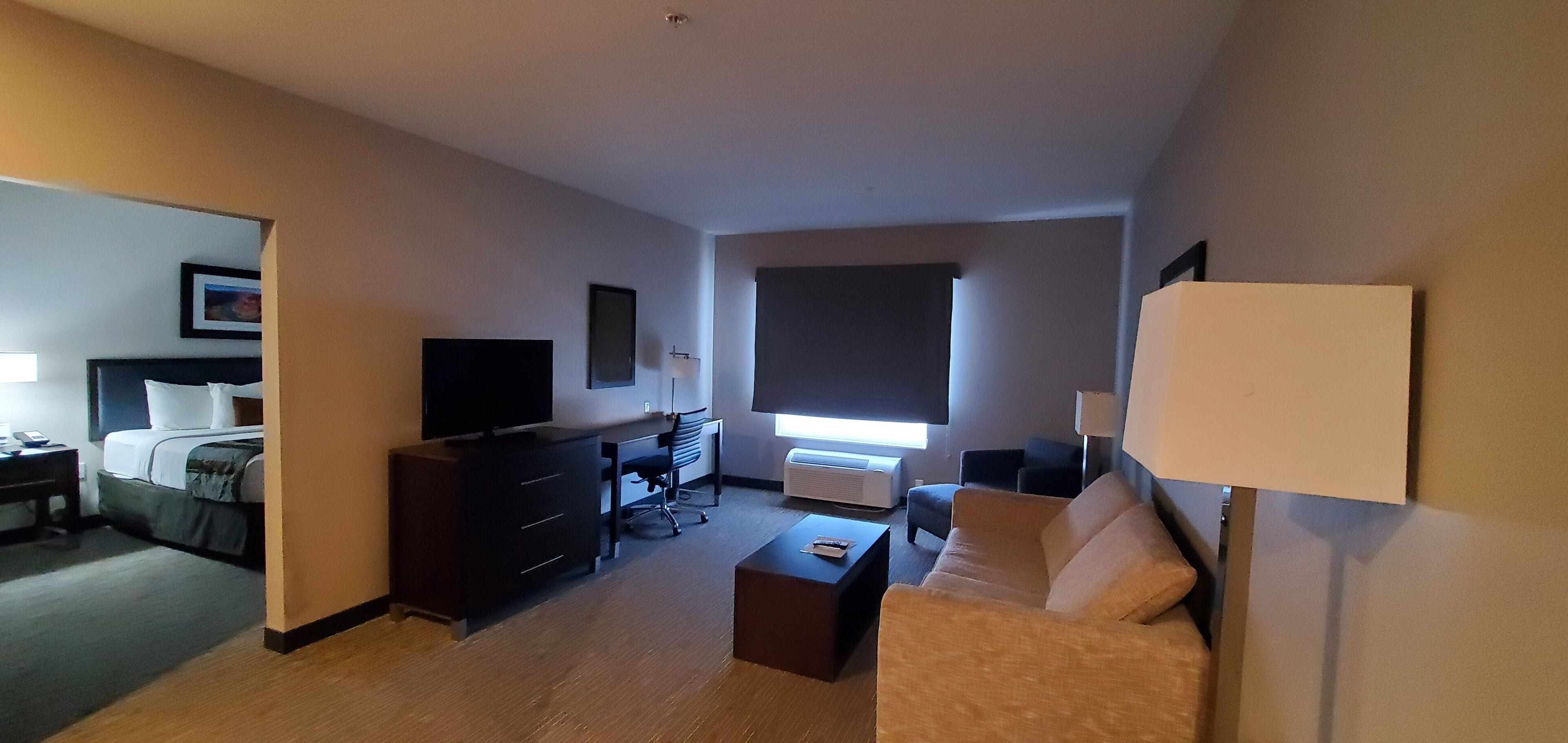 Een hotelkamer met een bed, een televisie, een bureau, een bank en een raam.