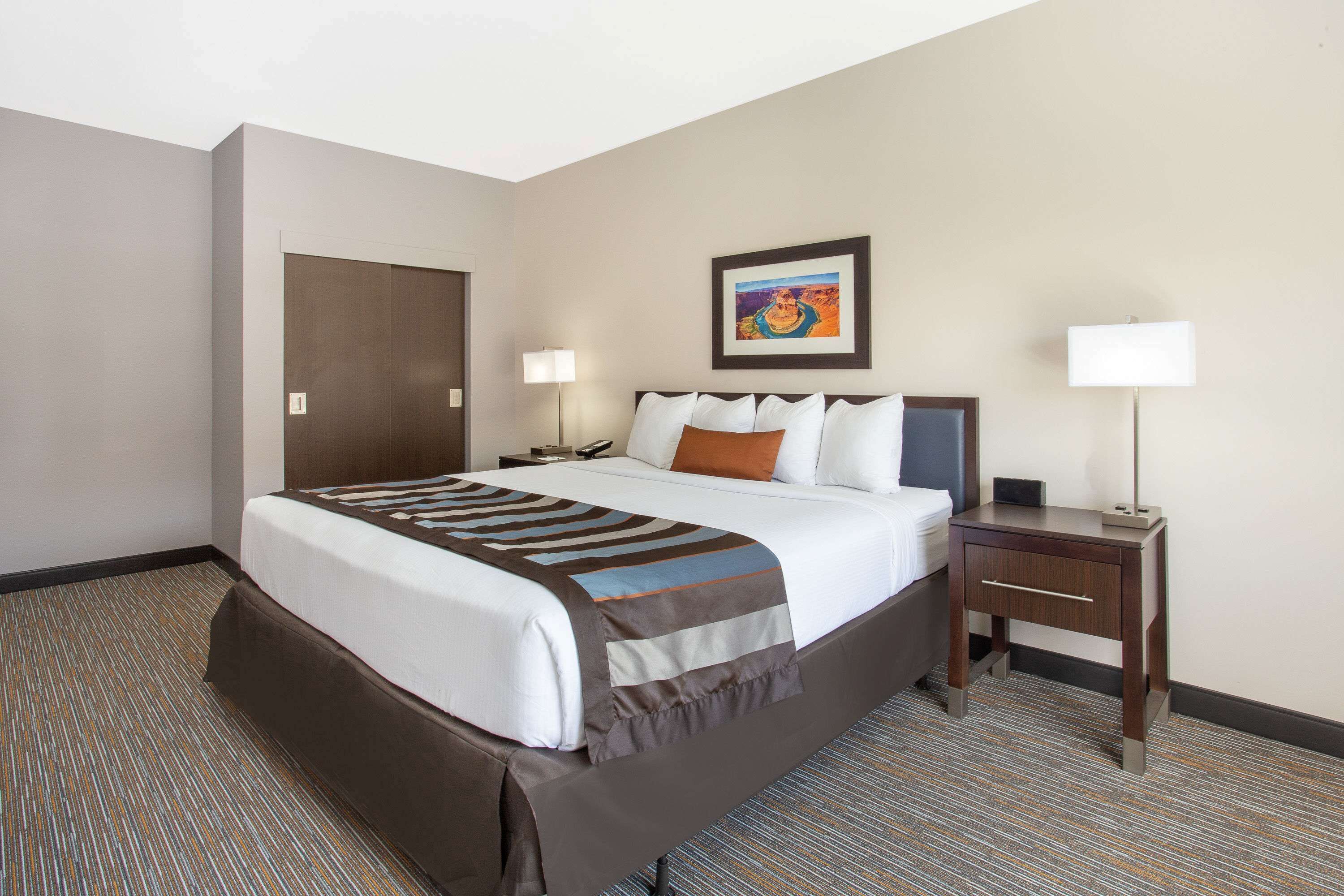A hotel room with a large bed, a nightstand, a desk, a chair, a door, and a framed picture on the wall.