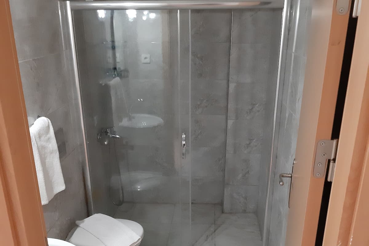 Shower, free toiletries, hair dryer, slippers