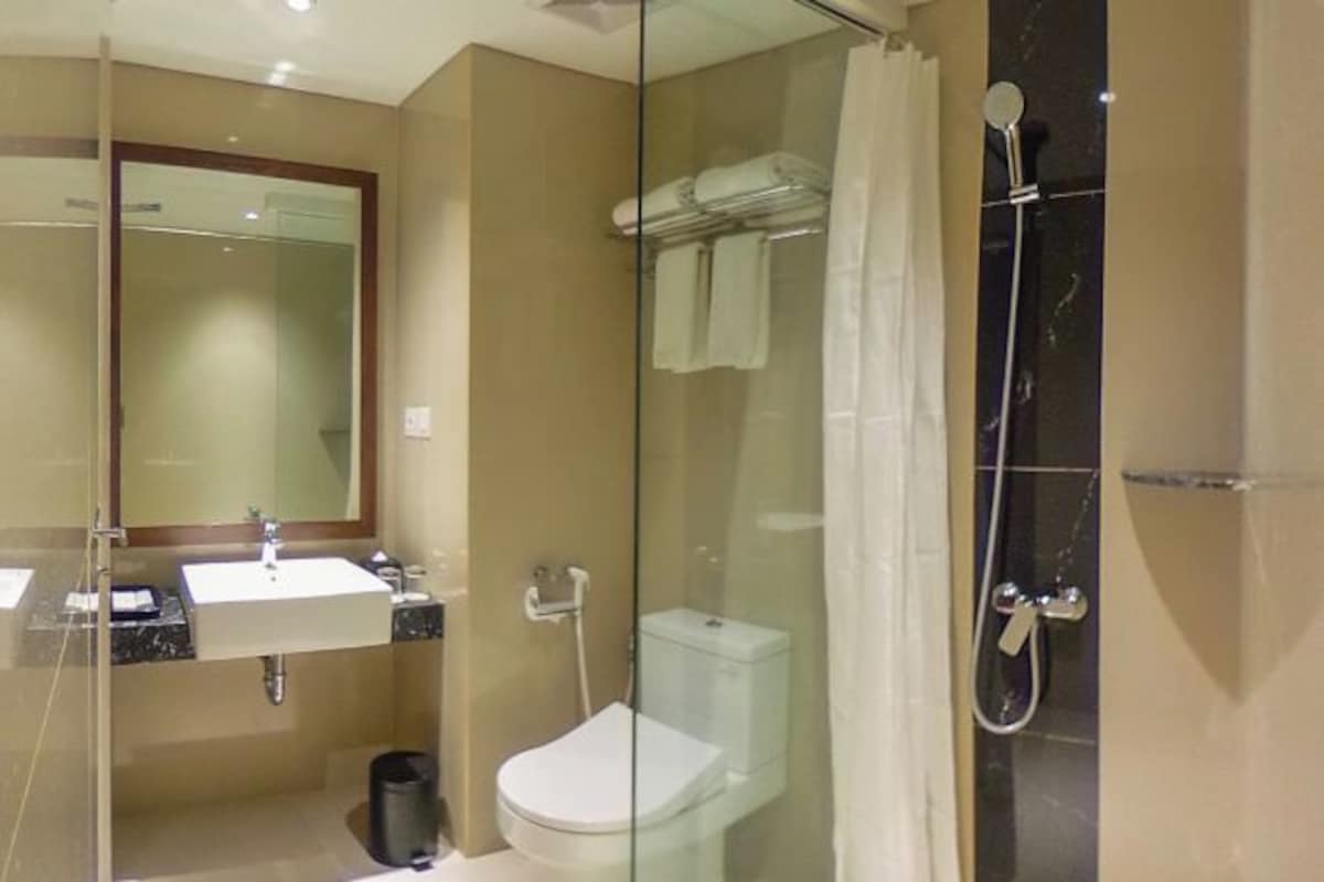 Un baño moderno con ducha de vidrio, un lavabo blanco y un inodoro.