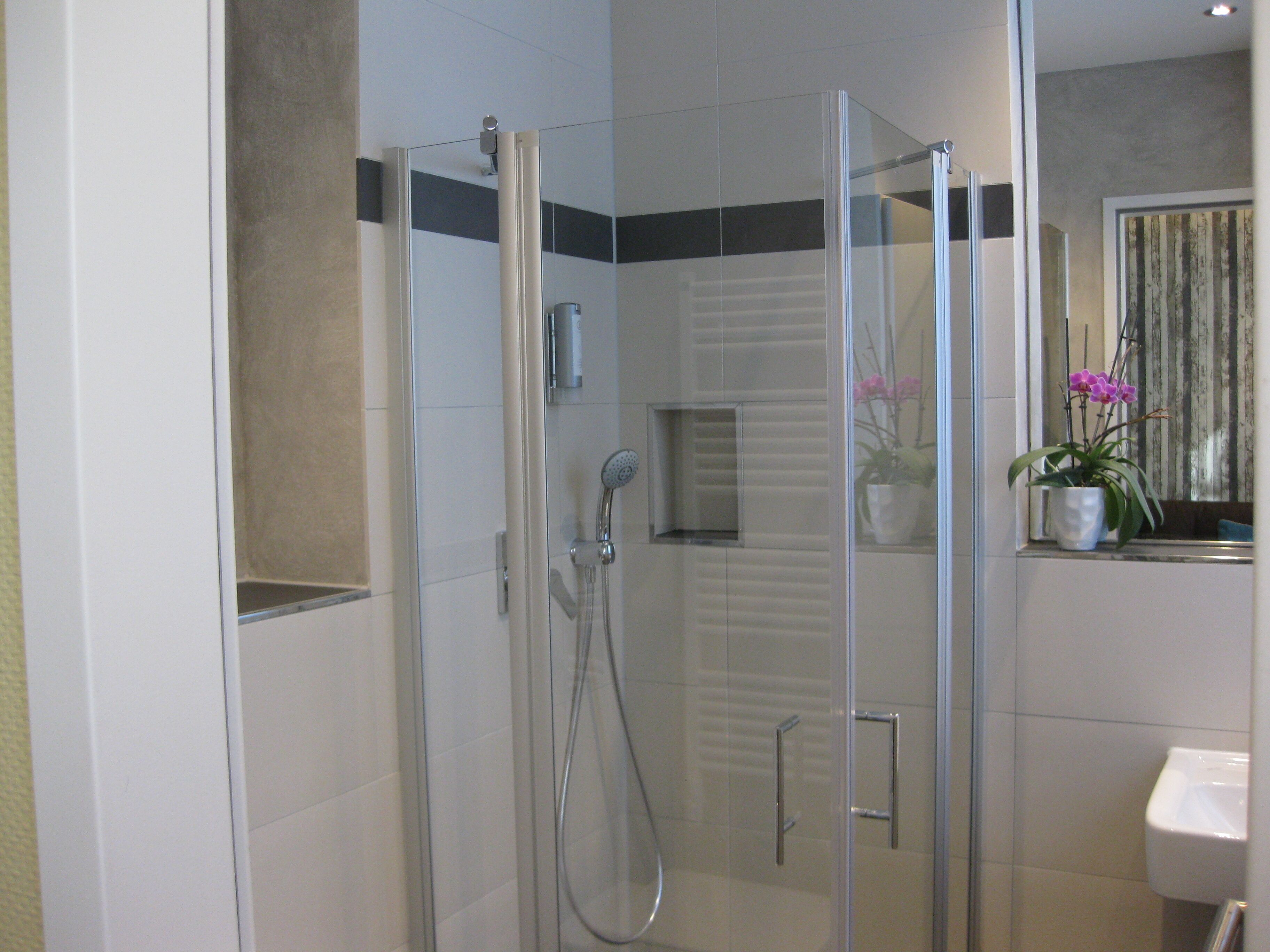 Un baño moderno con ducha de vidrio, un lavabo blanco y una orquídea en maceta en el alféizar.