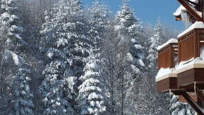 A wooden cabin with a balcony overlooking a snowy forest.