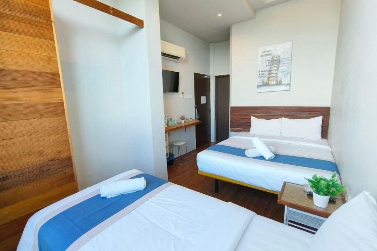 A hotel room with two beds, a wooden wardrobe, a small table with a plant, and a wall-mounted TV.