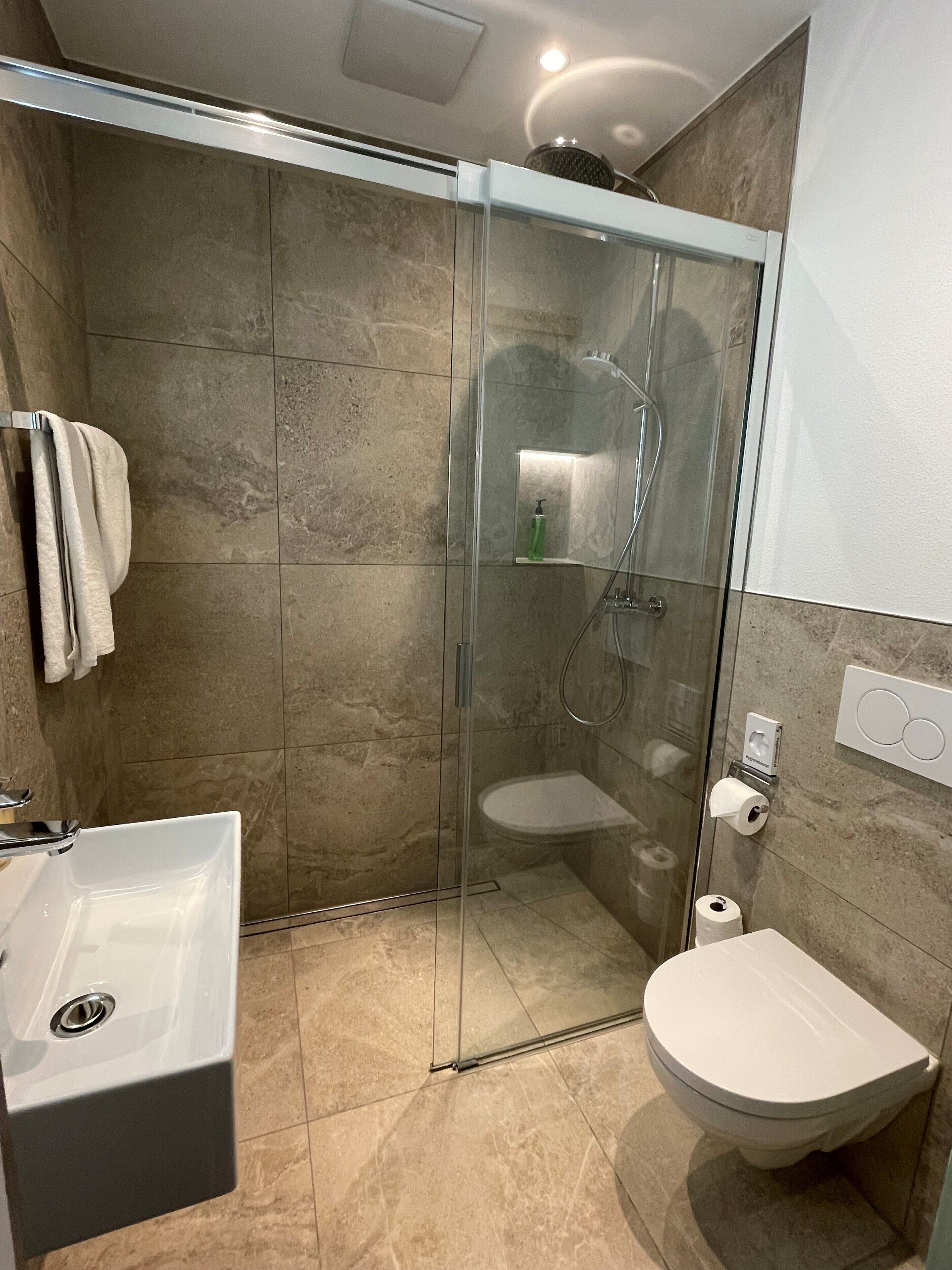 Un baño moderno con ducha de vidrio, lavamanos blanco y un inodoro.