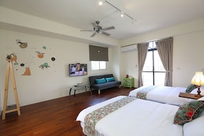 Desk, blackout curtains, soundproofing, rollaway beds