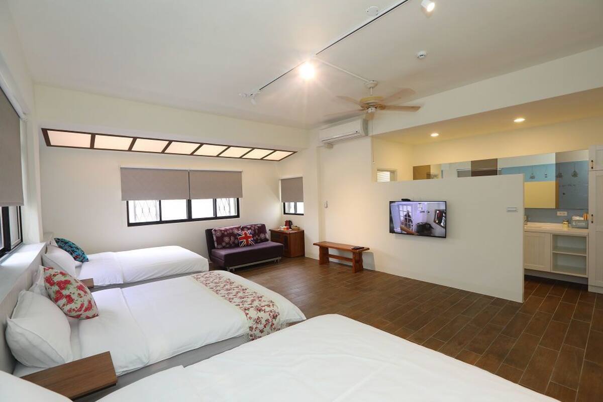 Desk, blackout curtains, soundproofing, rollaway beds