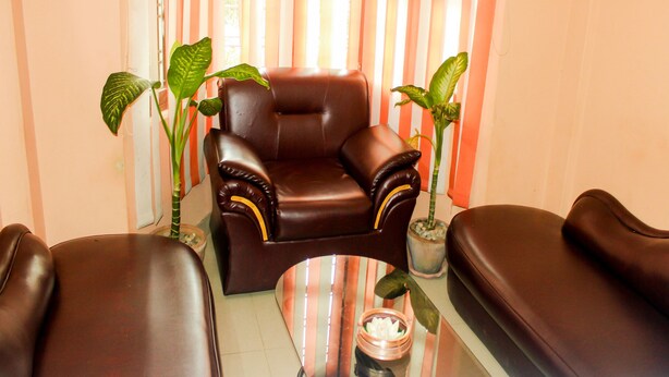 A room with a brown leather sofa, a brown leather armchair, and two potted plants. - Hotel Delight Inn (Pokhara)
