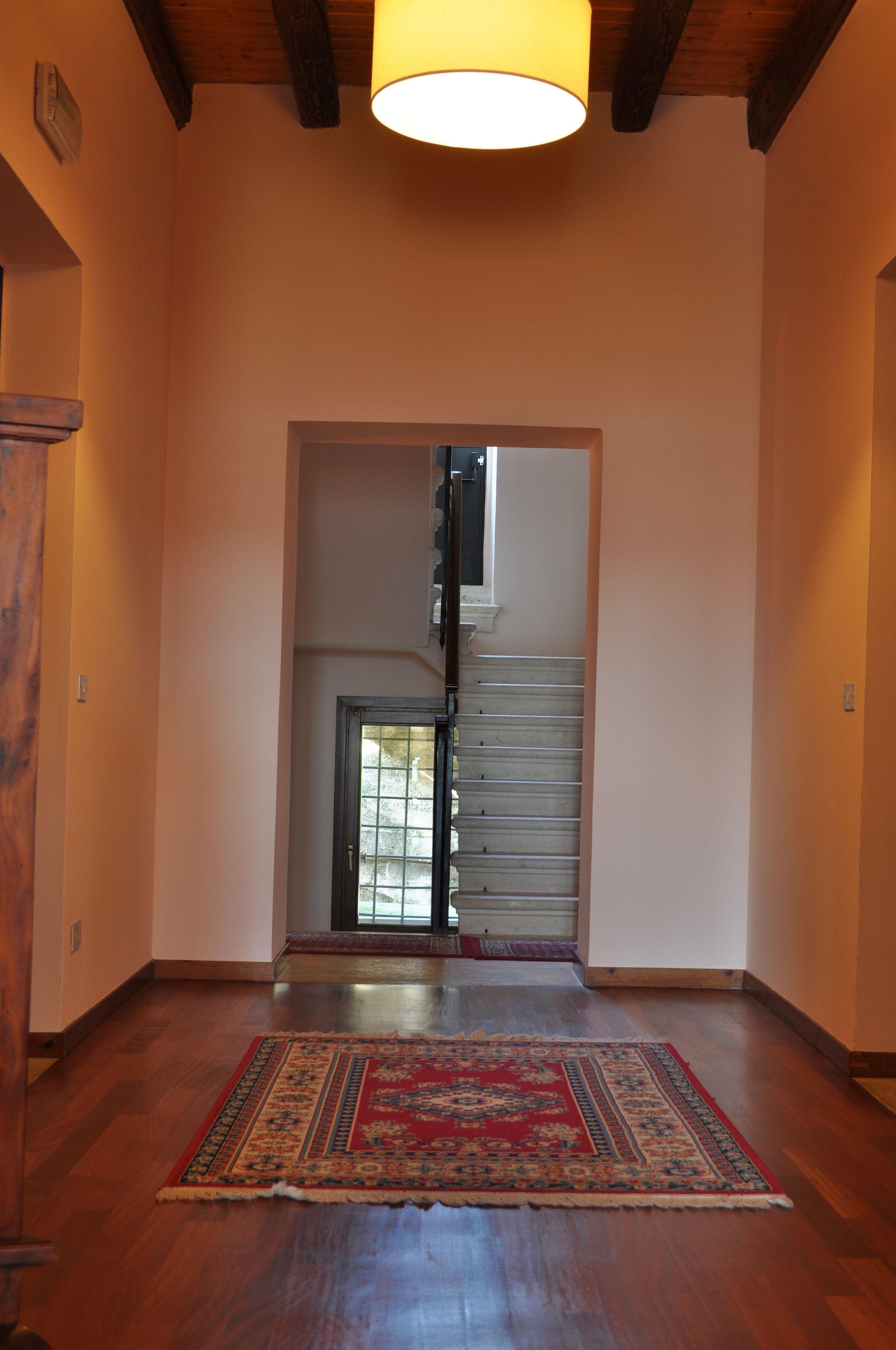 A hallway with a wooden floor, a red patterned rug, and a staircase with a glass door.