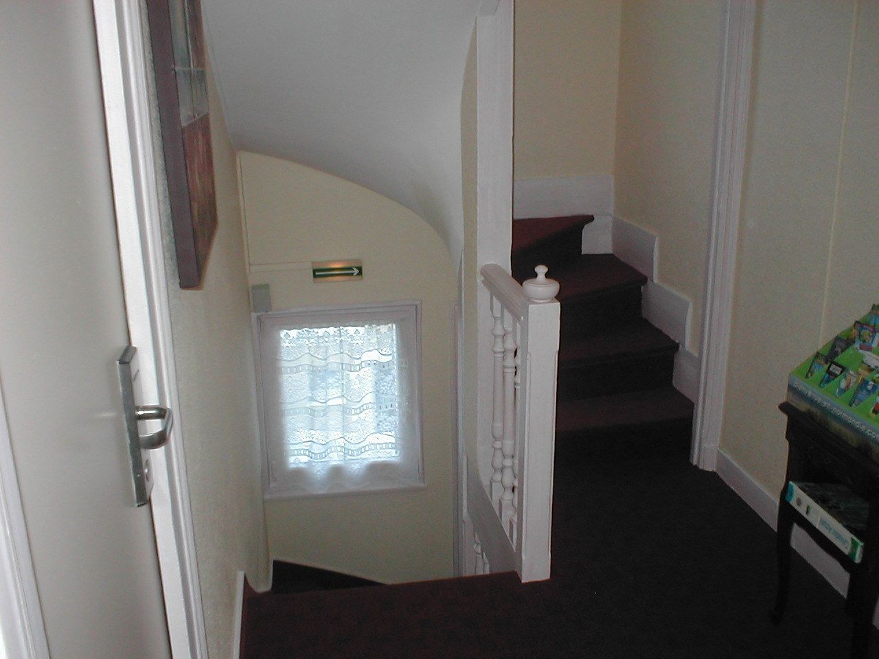 Un escalier étroit doté d’une rampe, une porte avec une poignée et une fenêtre avec du verre décoratif.