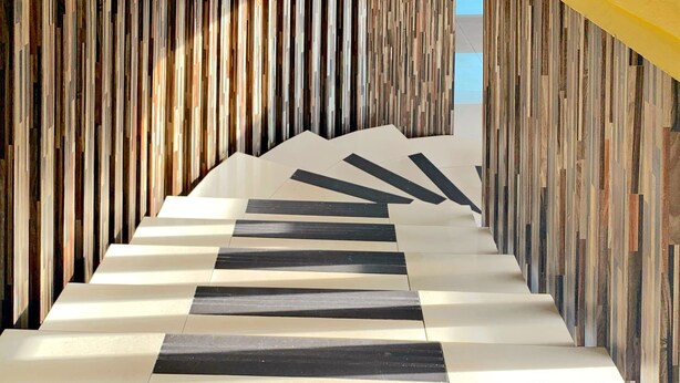 A staircase with a modern design, featuring alternating light and dark steps.