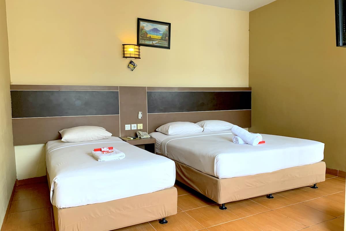 A hotel room with two beds, a nightstand, a wall-mounted lamp, and a framed picture.