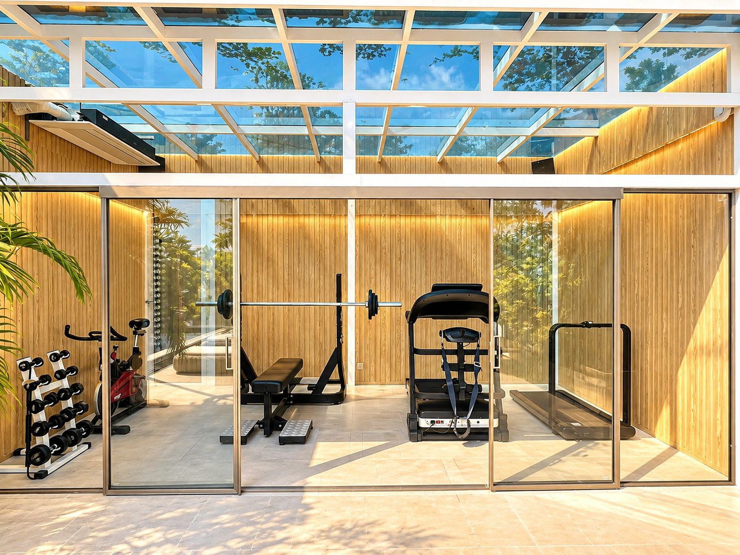 Une salle de sport moderne avec des murs en verre, des panneaux en bois et divers appareils d’exercice.
