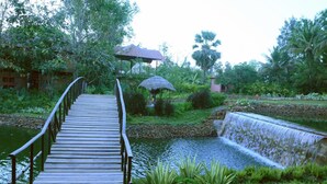 A wooden bridge leading to a thatched-roof pavilion over a pond with a small waterfall. - Govardhan Eco Village (Vada)