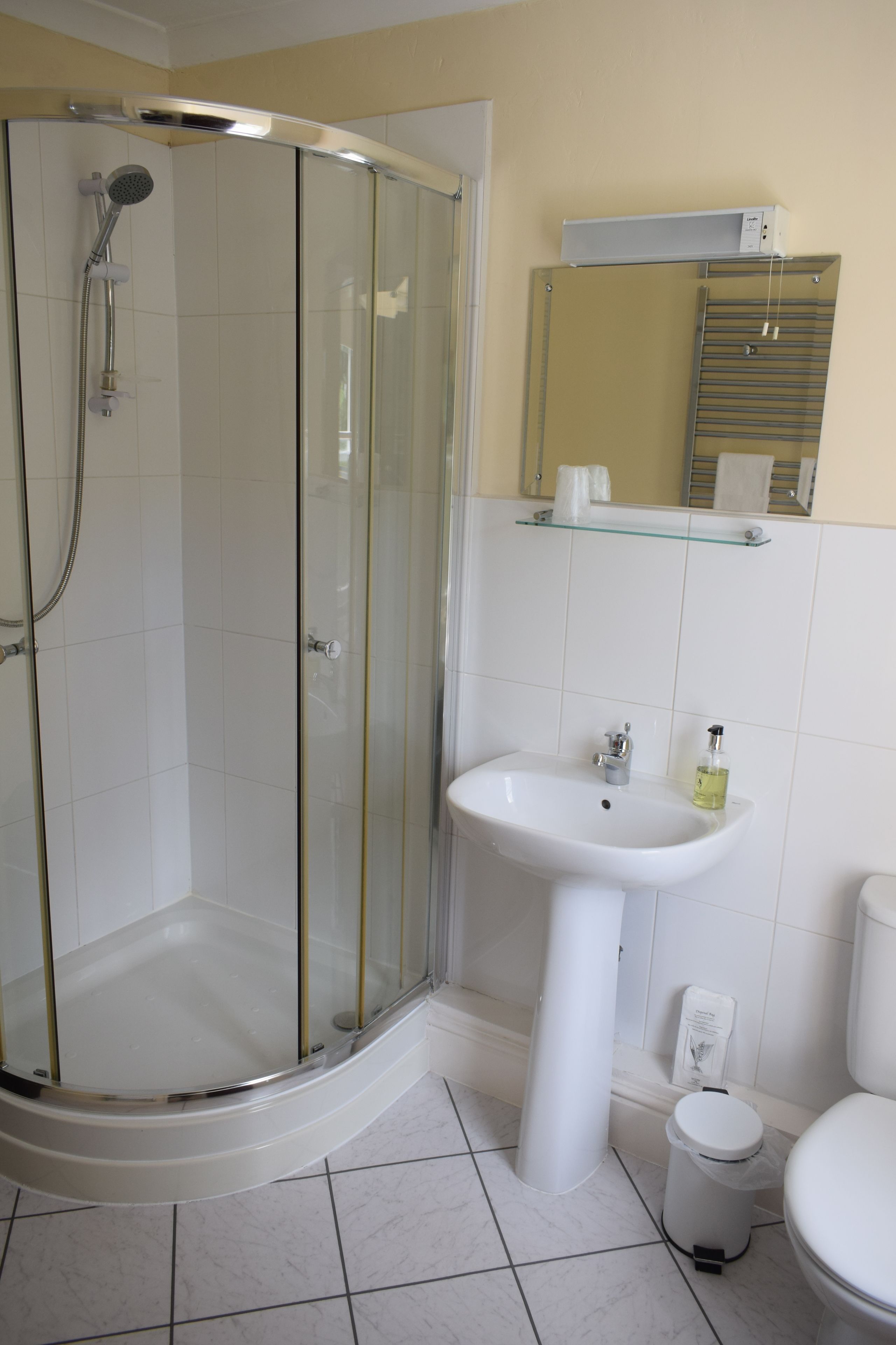 Baño con ducha de vidrio, lavamanos sobre pedestal, inodoro y espejo sobre el lavamanos.