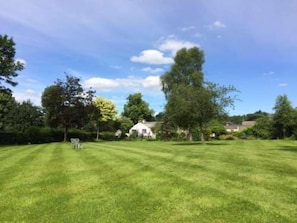 Ein gepflegter Rasen mit einigen Bäumen und einem Haus im Hintergrund.