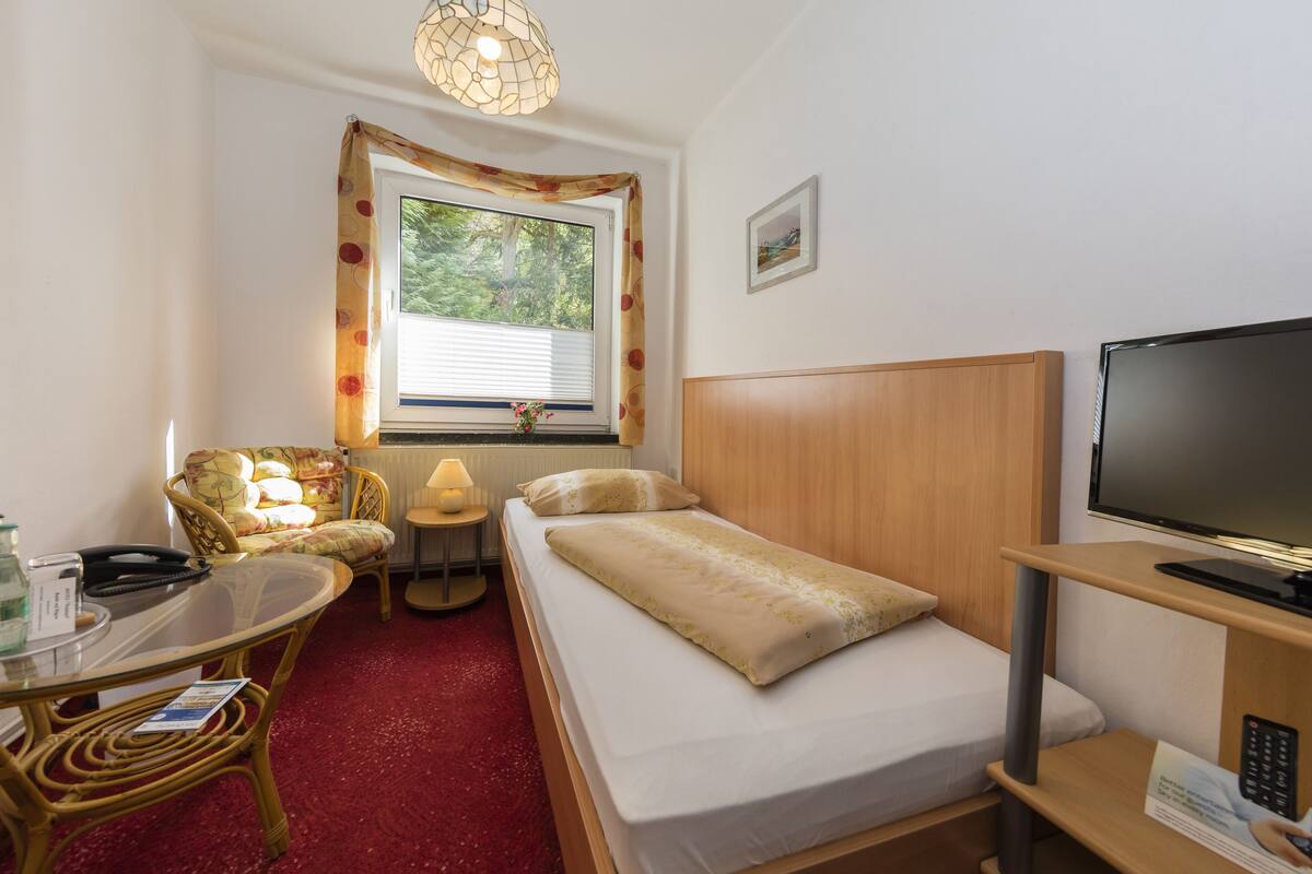 Habitación de hotel con cama, televisión, una mesita con lámpara, una silla y ventana con cortinas.
