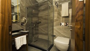 A modern bathroom with a glass-enclosed shower, a toilet, and a vanity with a towel. - Vertu Hotel (Istanbul)