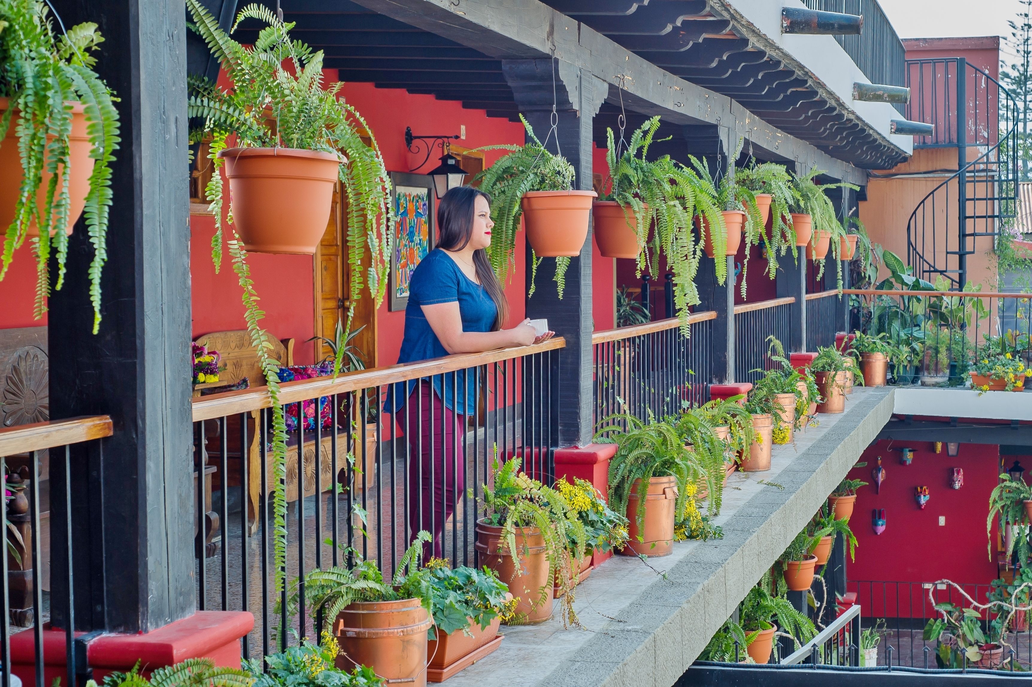 Un balcón con macetas de terracota colgantes y plantas en macetas, barandal de madera y pared roja con un mural.