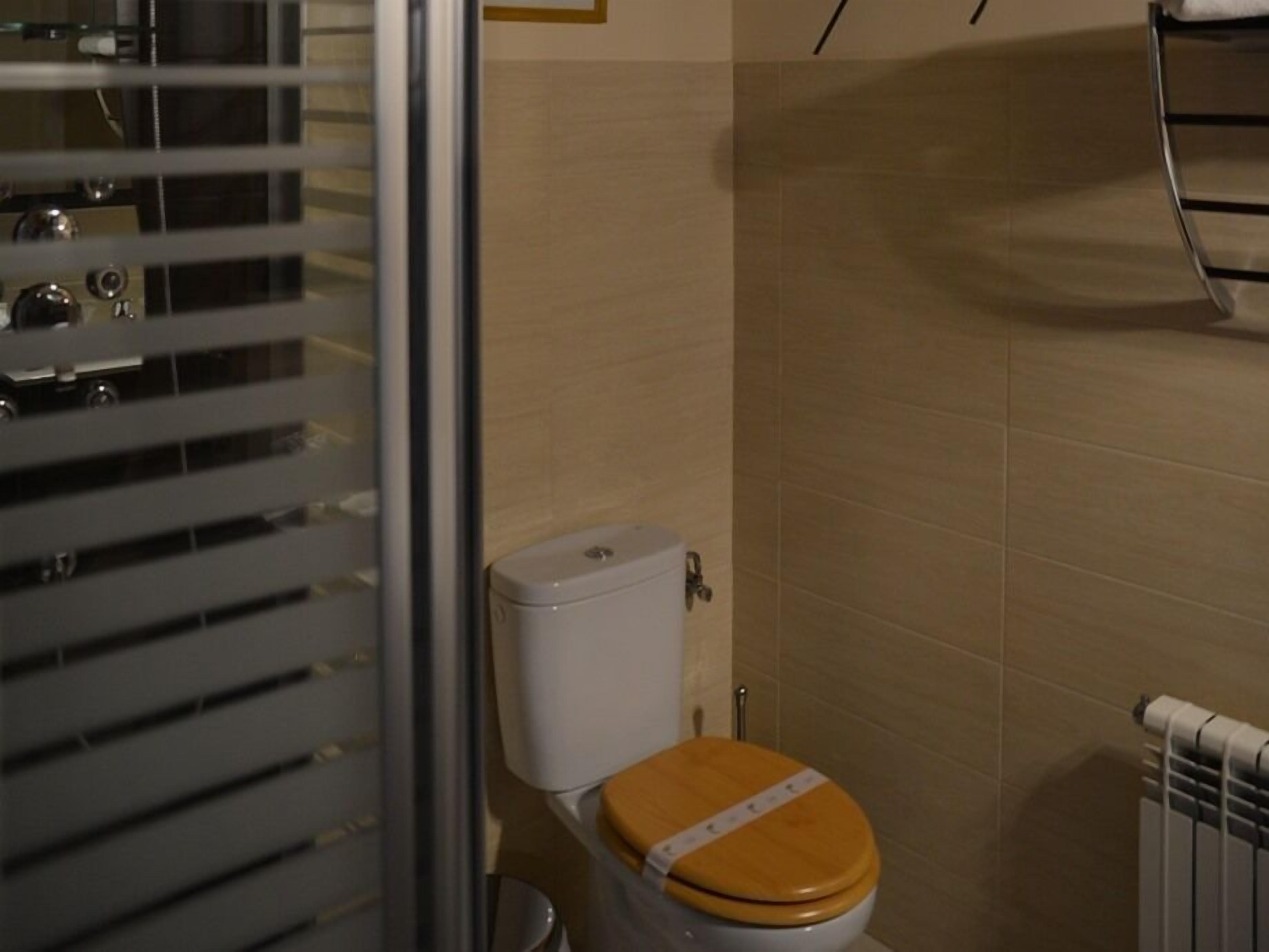 A bathroom with a toilet, a radiator, and a shower area.