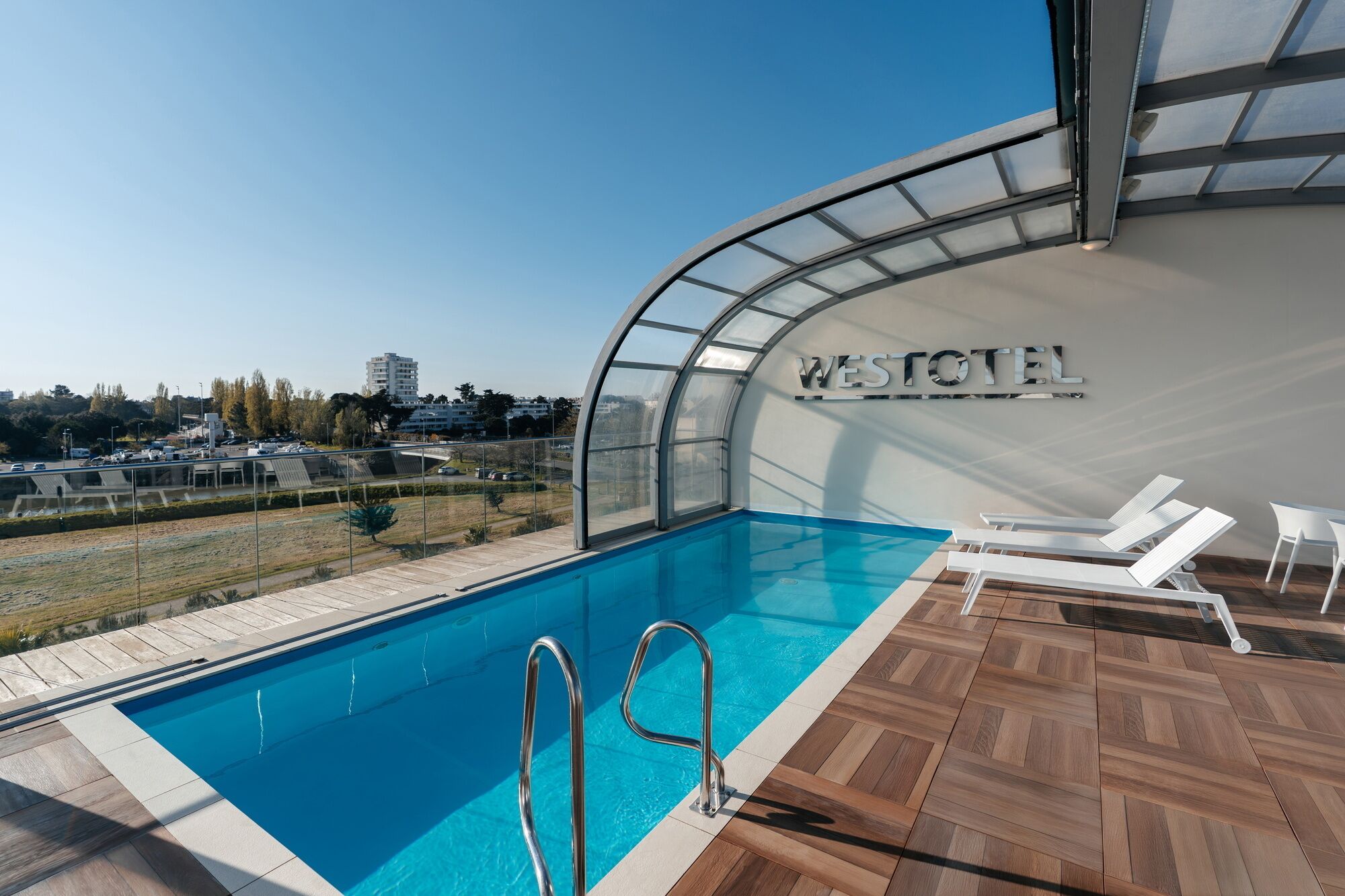 indoor pool, seasonal outdoor pool, pool loungers