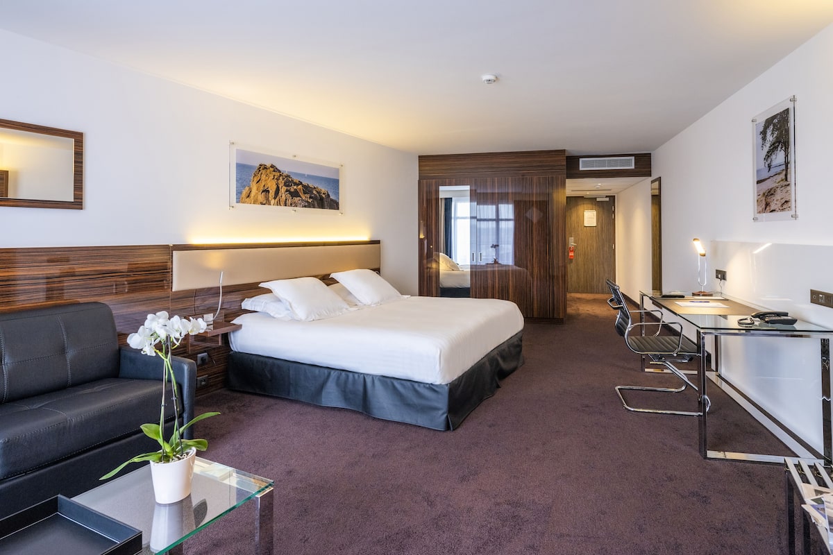 Quarto de hotel com cama, escrivaninha, cadeira, sofá e uma pequena mesa com uma planta.