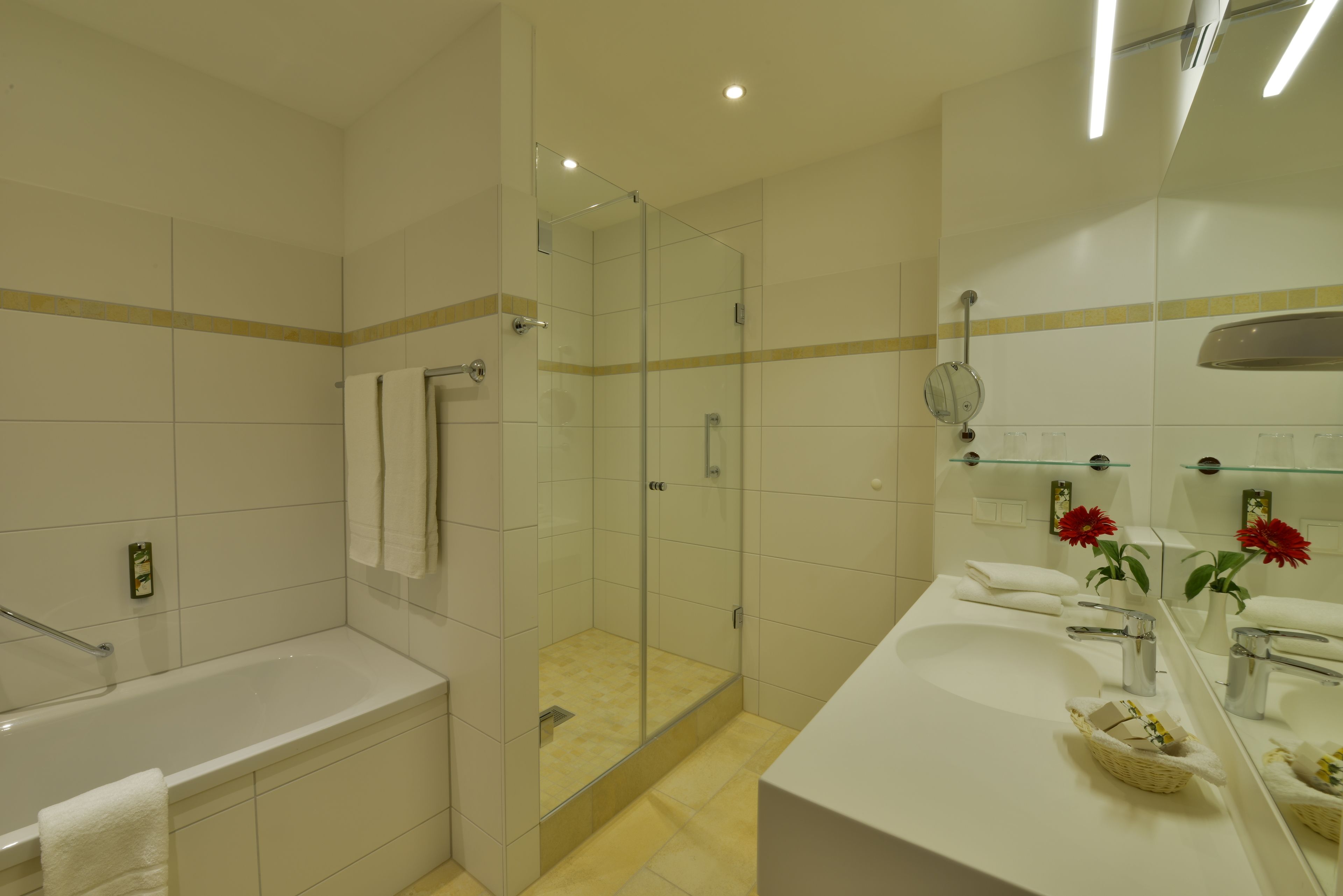 A modern bathroom with a glass-enclosed shower, a bathtub, and a vanity with a mirror.