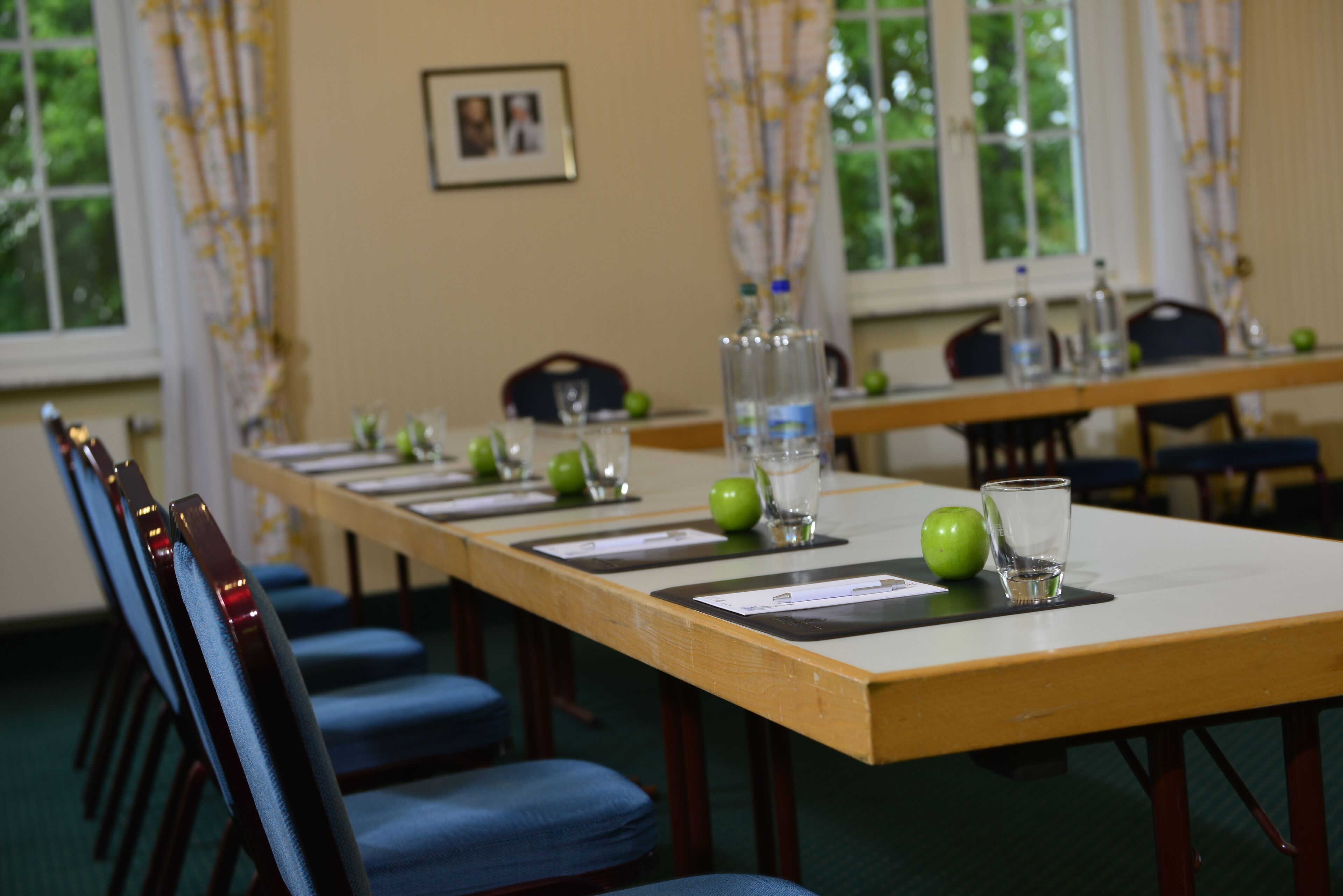 A conference room with a long table, blue chairs, and green apples on the table.