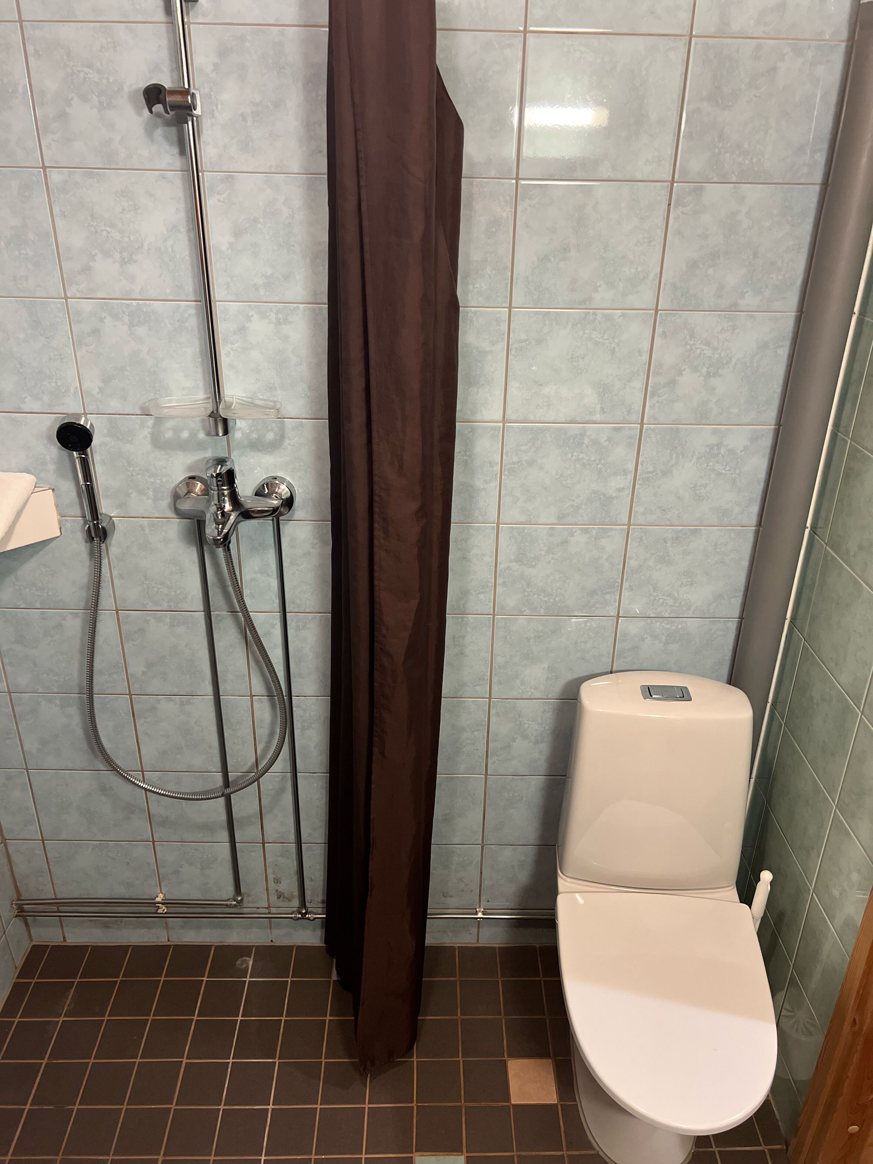 A bathroom with a shower, a toilet, and a towel rack.