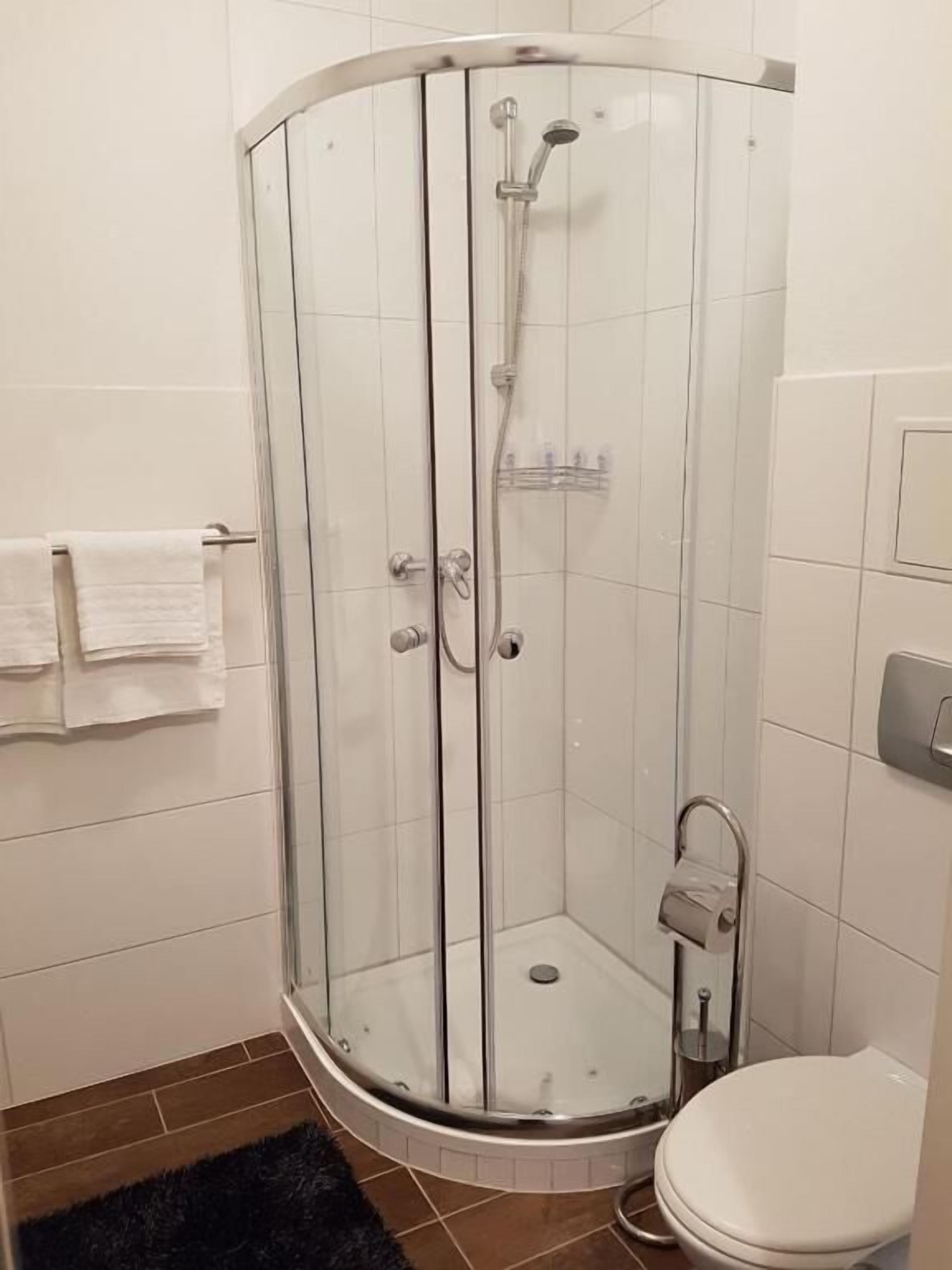 Cabina de dutxa amb vidre, vàter i suport per a tovalloles a un bany.