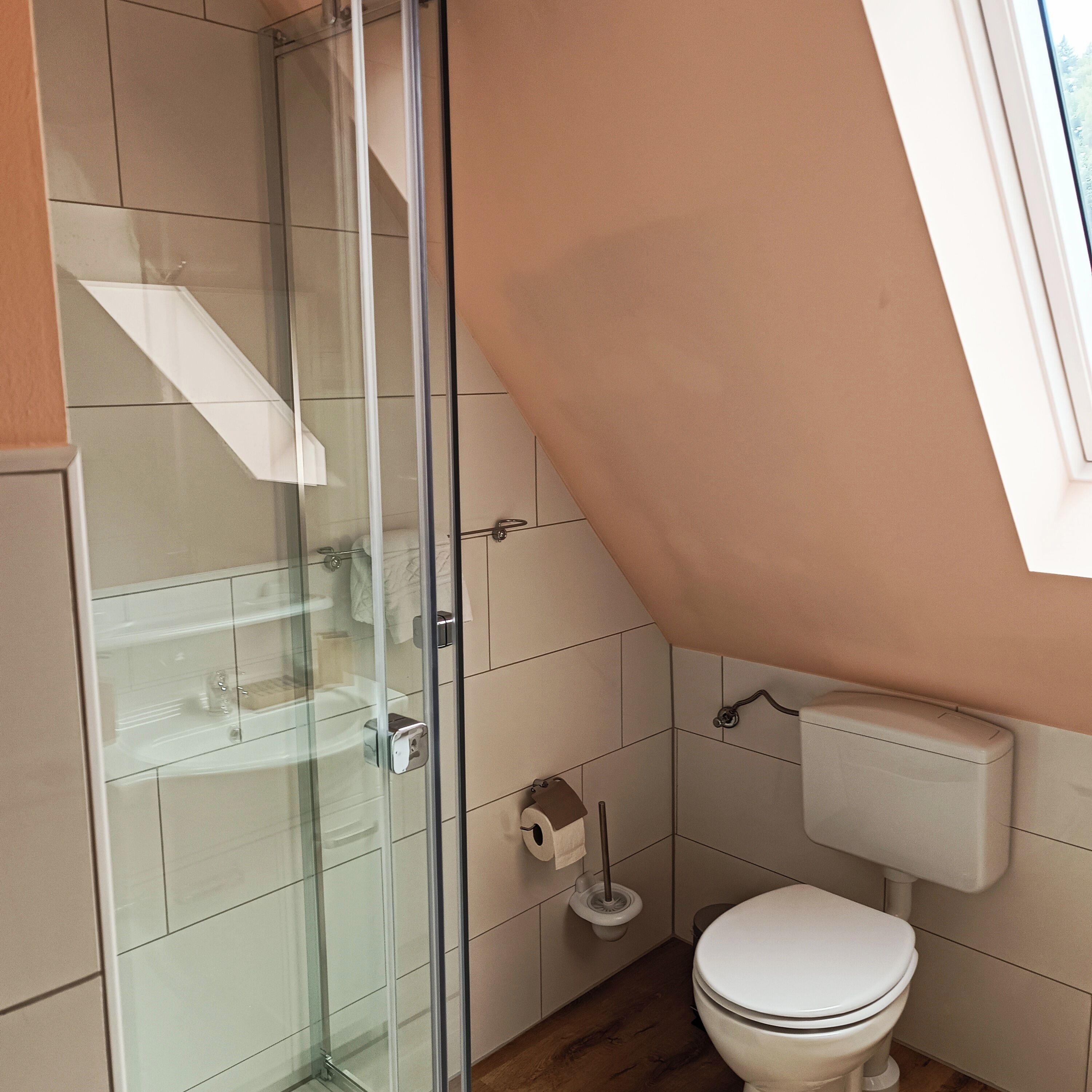 Une salle de bain avec une douche à parois de verre, des toilettes et une fenêtre.