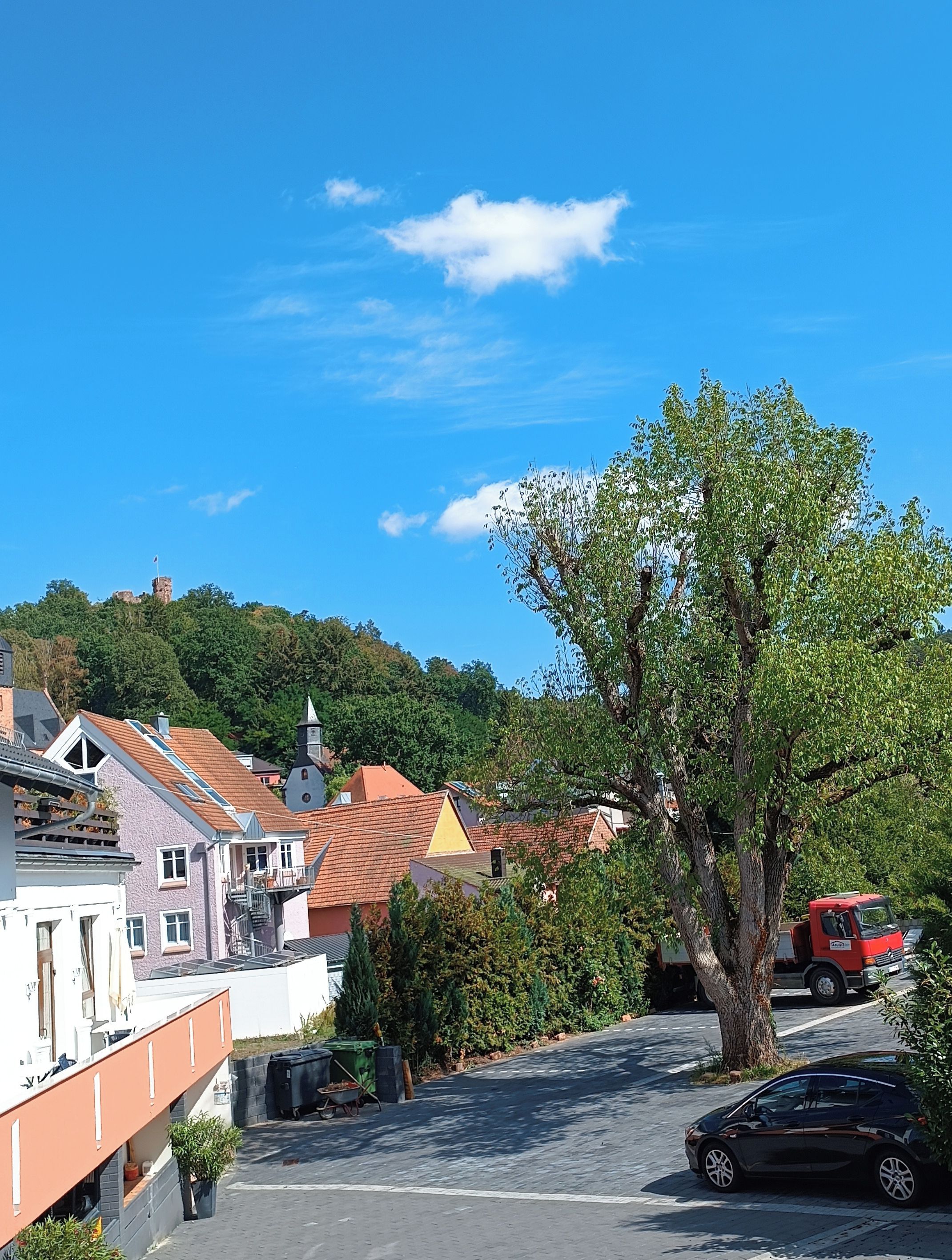 A residential area with houses, a tree, and a parked car.
