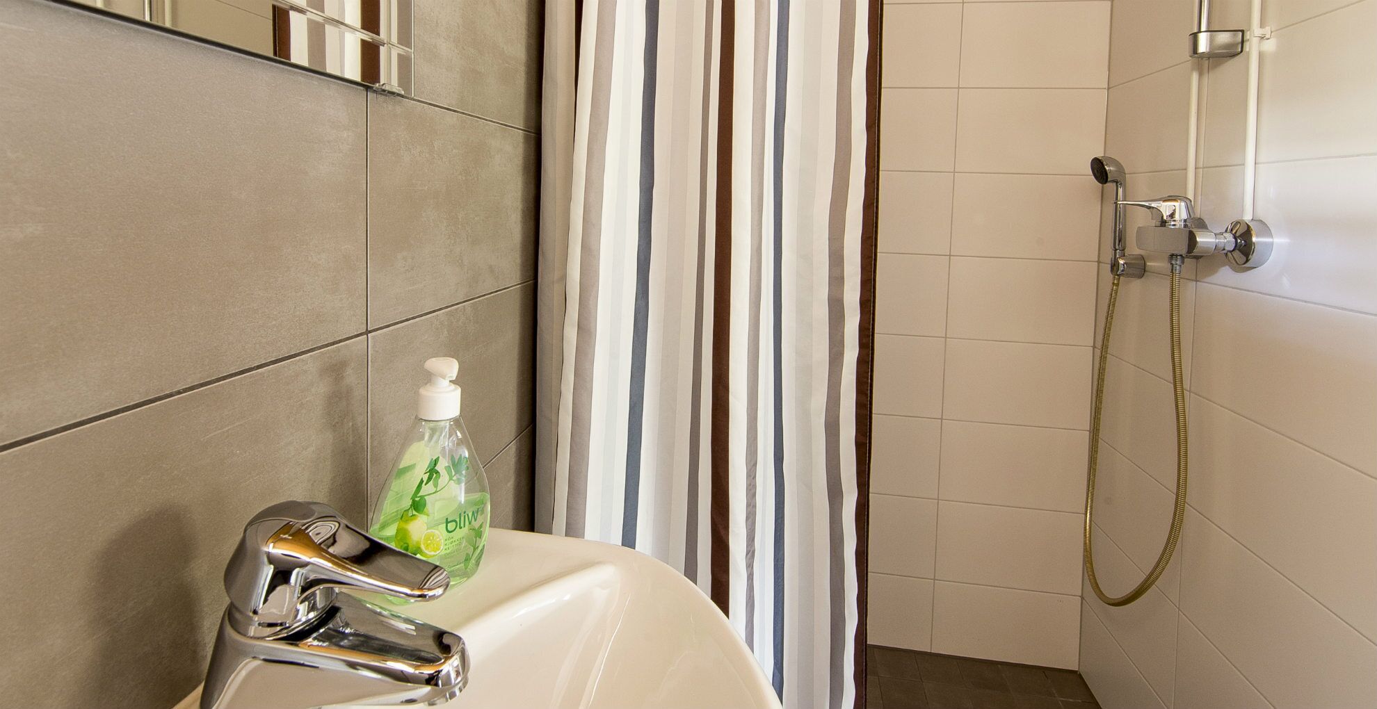 A bathroom with a shower, a sink, and a bottle of liquid soap.