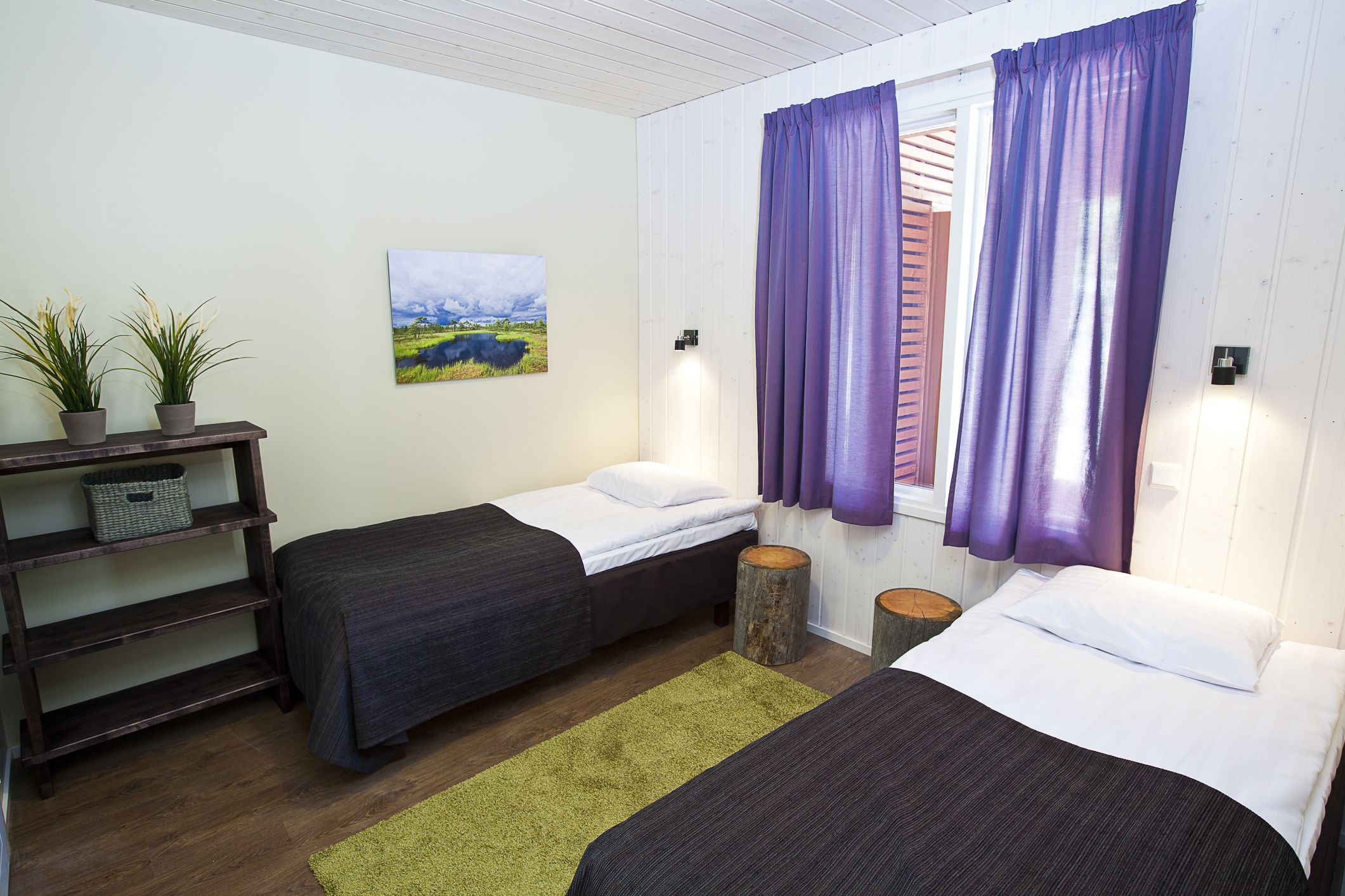A room with two single beds, a wooden shelf with plants, a painting, and purple curtains.