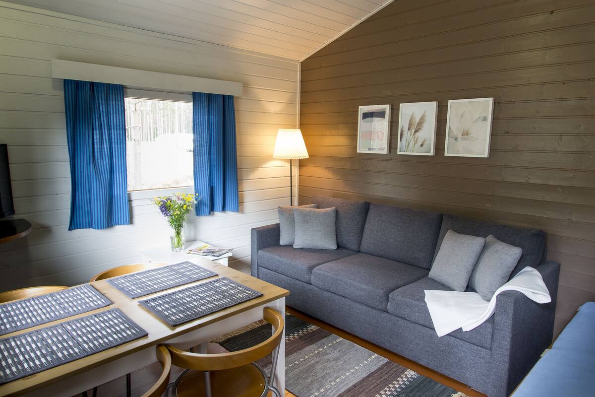 Um quarto aconchegante com um sofá cinza, uma mesa de madeira com um laptop, uma luminária e quadros nas paredes.