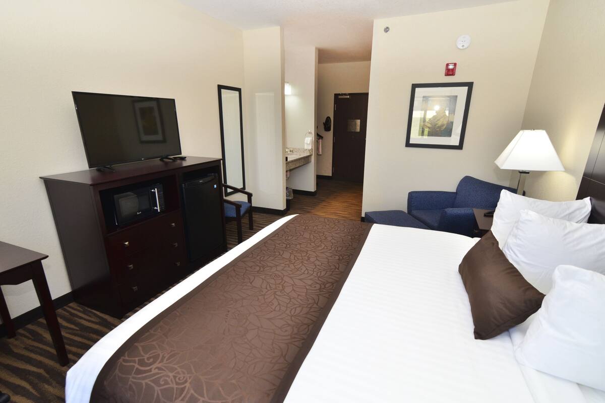 A hotel room with a bed, a desk with a flat-screen TV, a chair, a lamp, and a framed picture on the wall.