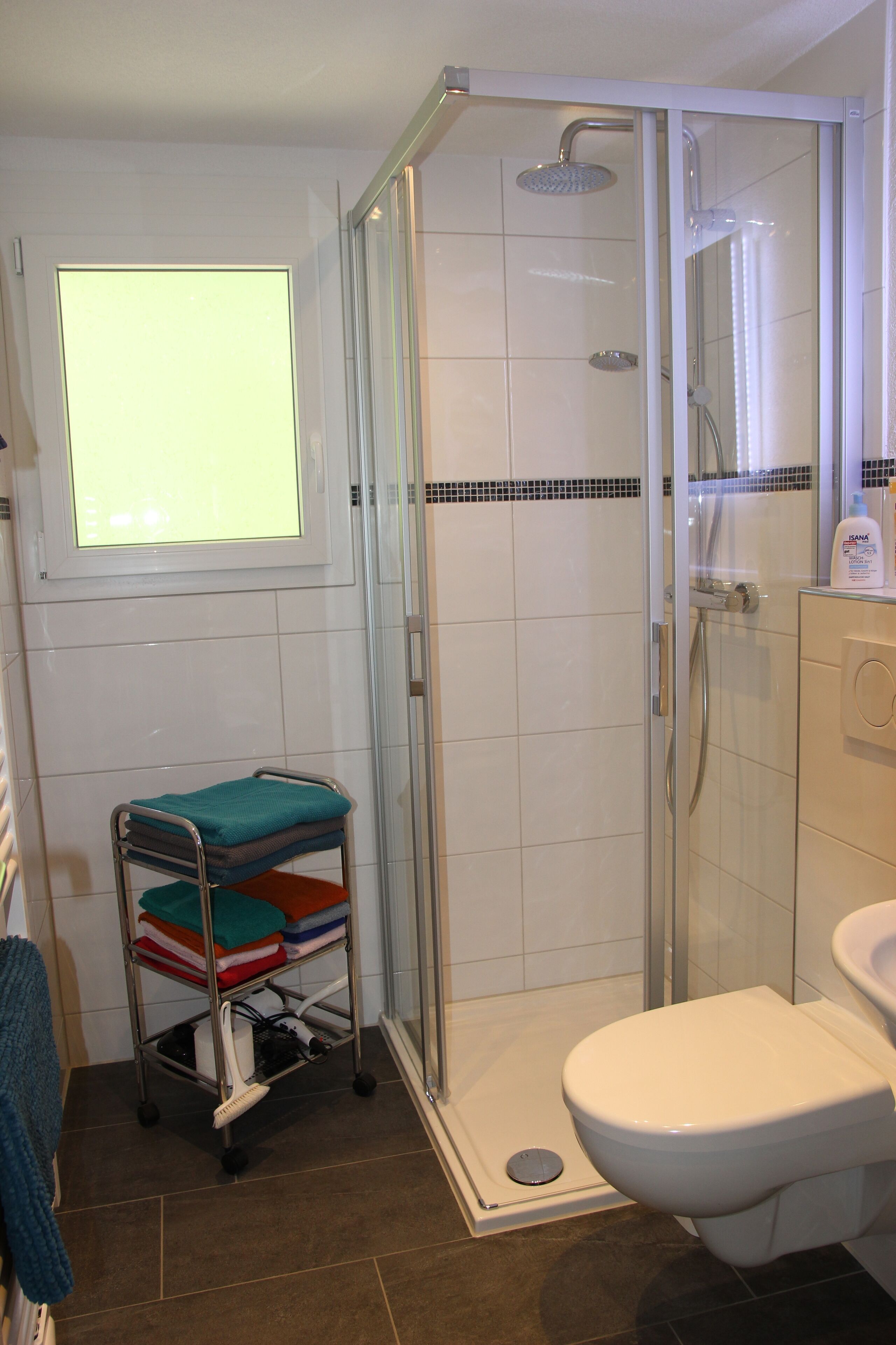 Une salle de bain avec une douche à parois de verre, des toilettes, un lavabo et une étagère contenant des articles de toilette.