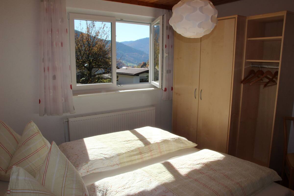 Quarto com cama, guarda-roupa, janela com vista para montanhas e radiador.