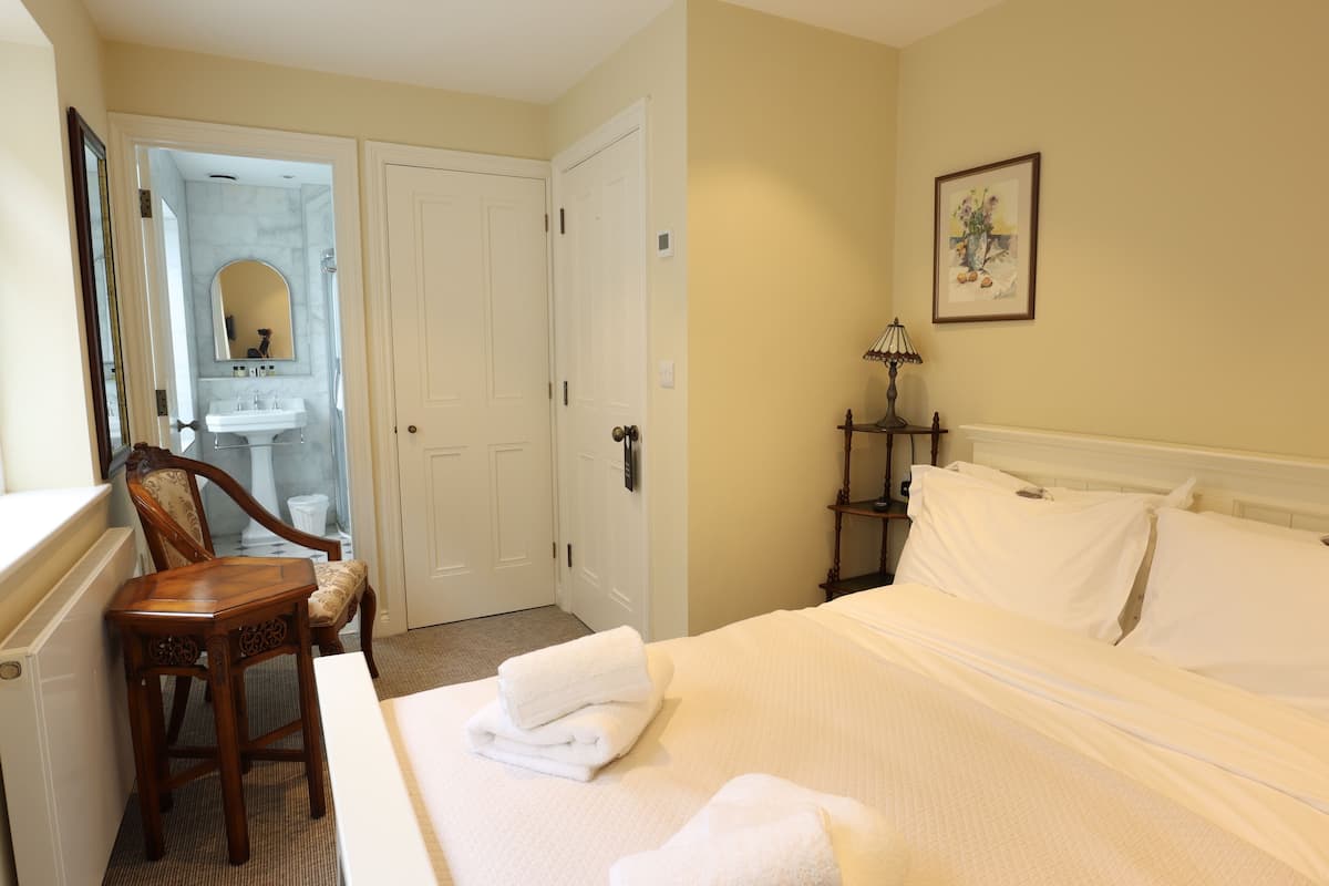 Une chambre d’hôtel avec un lit, une chaise, un bureau, un miroir, un lavabo et une porte.