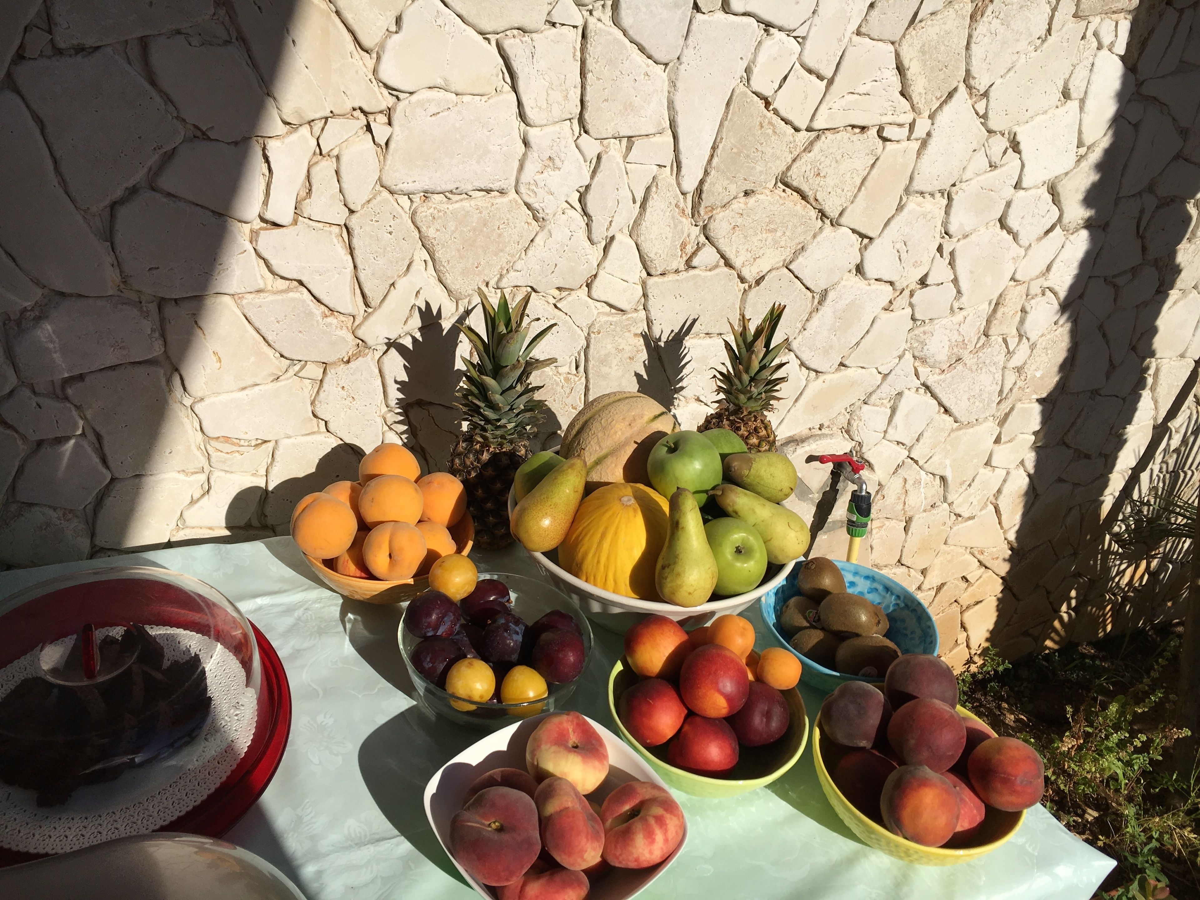 Una mesa con diversas frutas y un tazón de elementos oscuros, posiblemente verduras, frente a una pared de piedra.