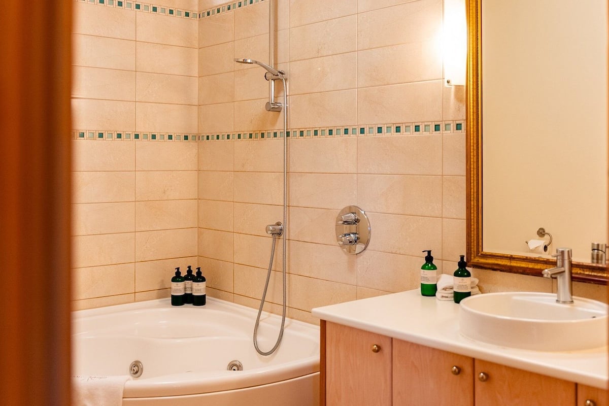 combined shower/bathtub, jetted bath, free toiletries, hair dryer