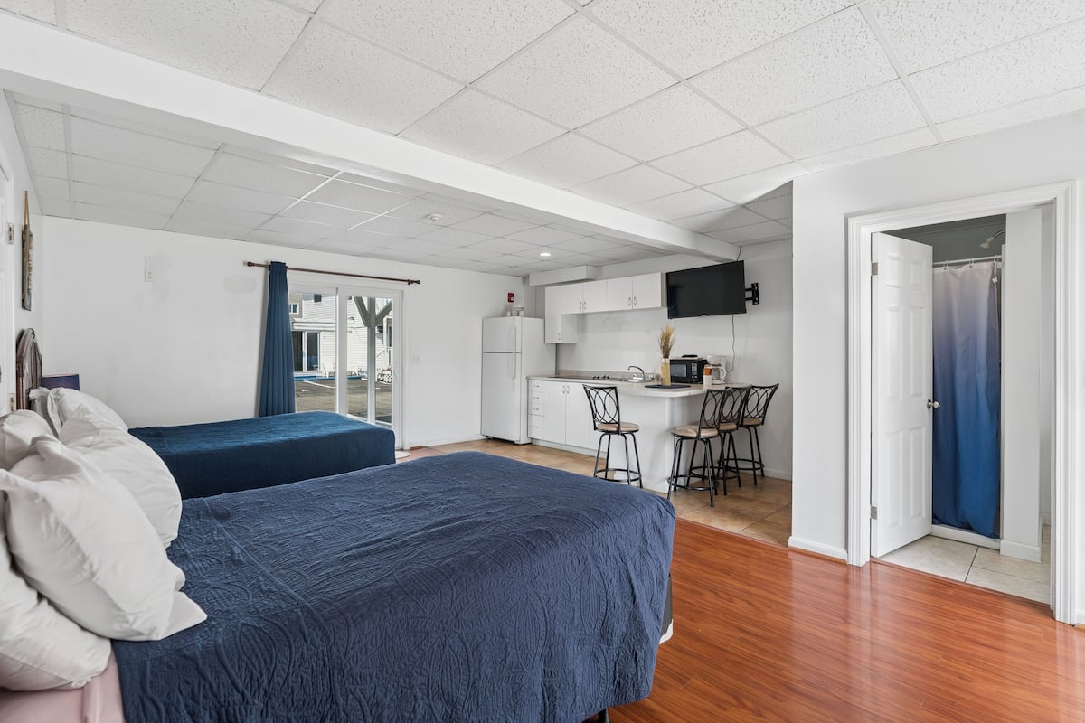 A bedroom with two beds, a kitchenette, and a bathroom.