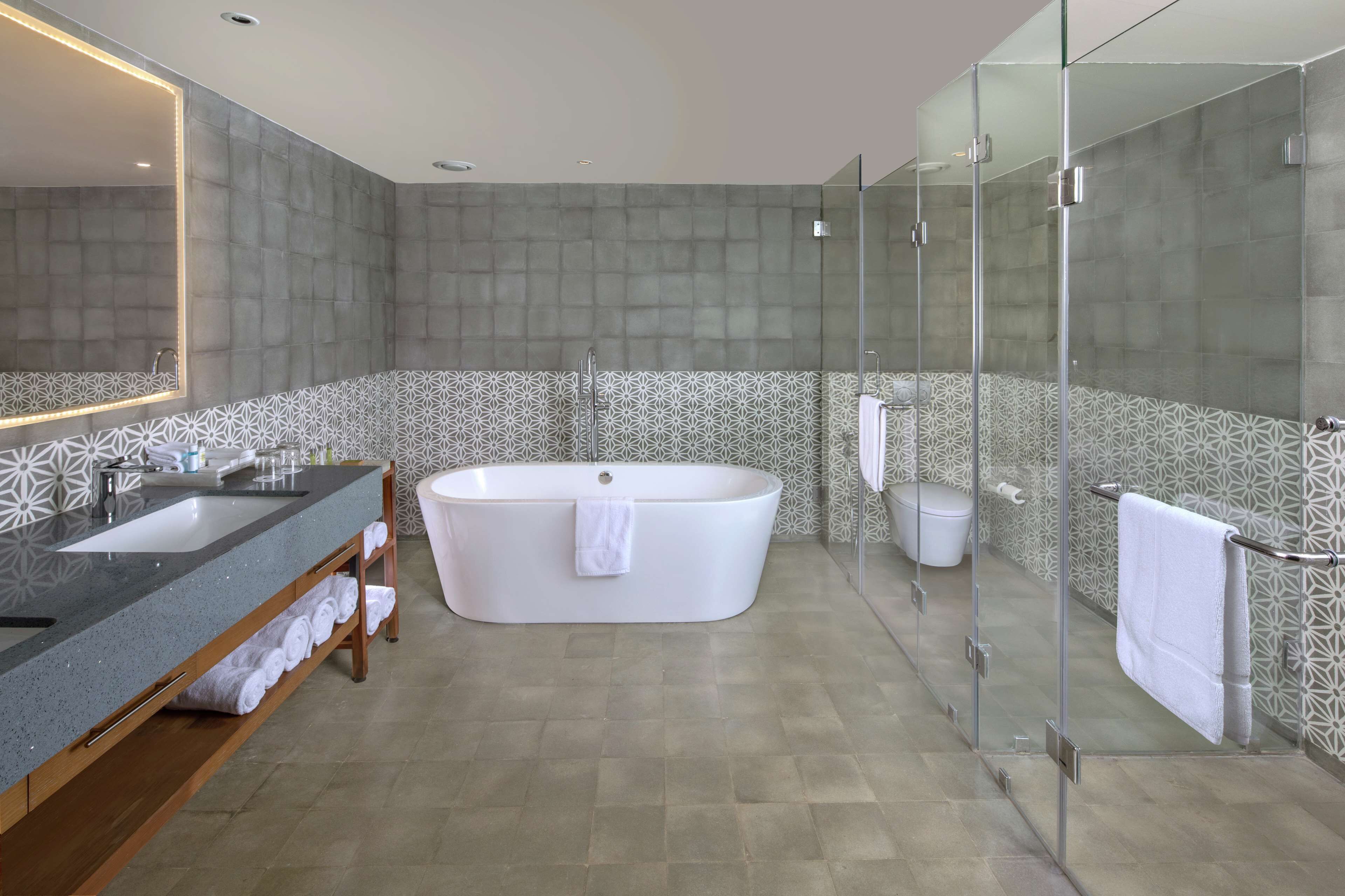 Une salle de bain moderne avec une baignoire sur pieds, un meuble-lavabo doté d’un grand miroir et une douche à l’italienne.