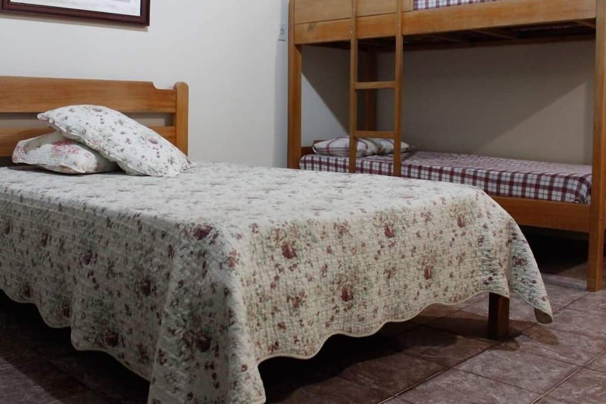 A room with a single bed, a bunk bed, and a framed picture on the wall.