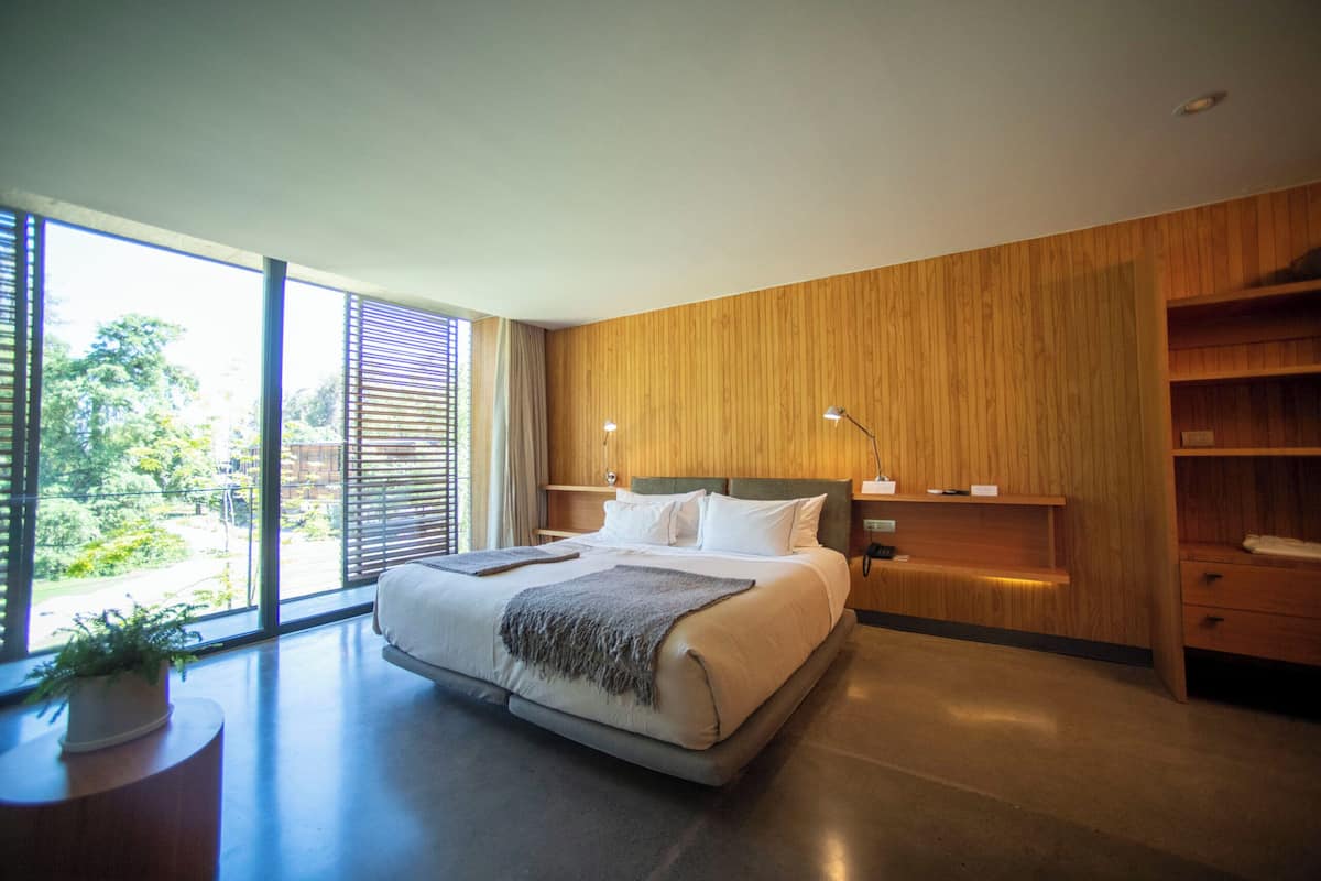 A modern bedroom with a large bed, wooden panel walls, a bedside table, and a view of greenery outside.