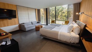 A modern hotel room with a large bed, a sofa, a TV mounted on the wall, and a view of the outdoors.