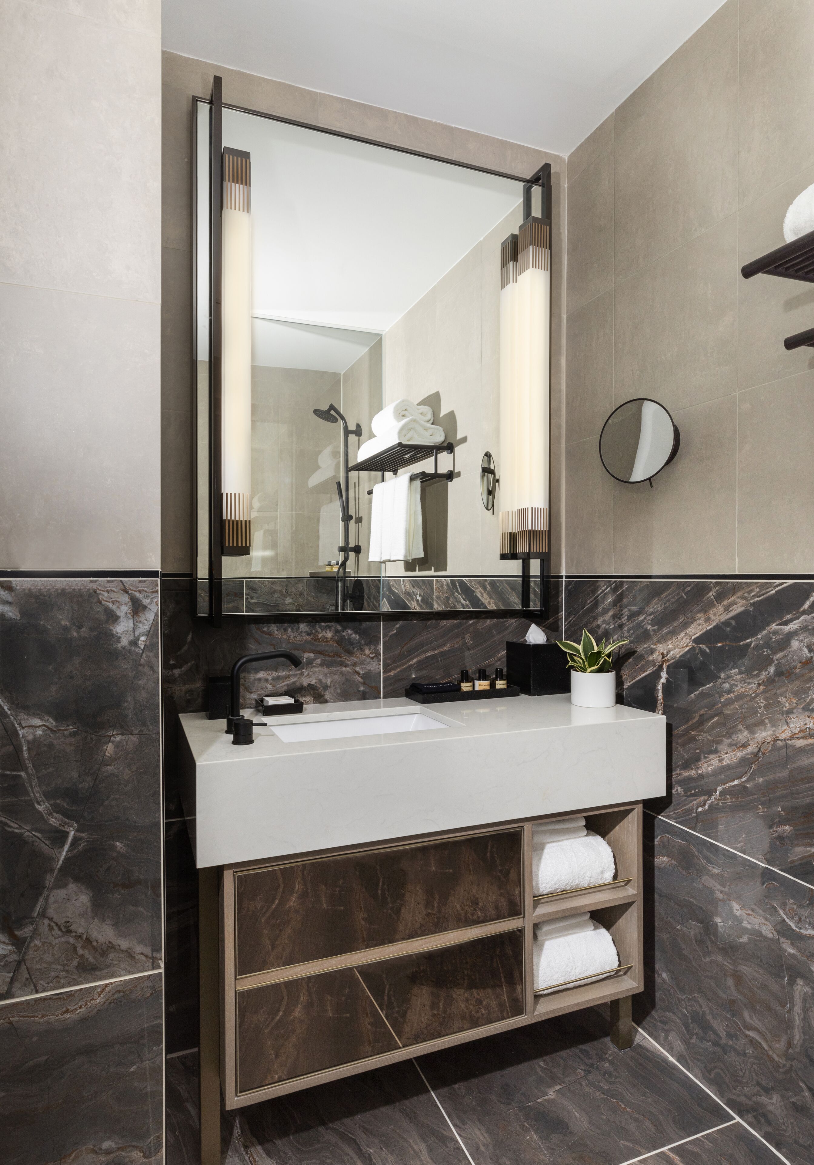 designer toiletries, hair dryer, bathrobes, towels