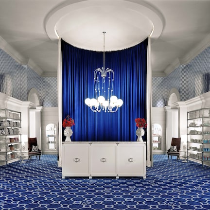 A room with a blue patterned carpet, white walls, and a blue curtain backdrop.