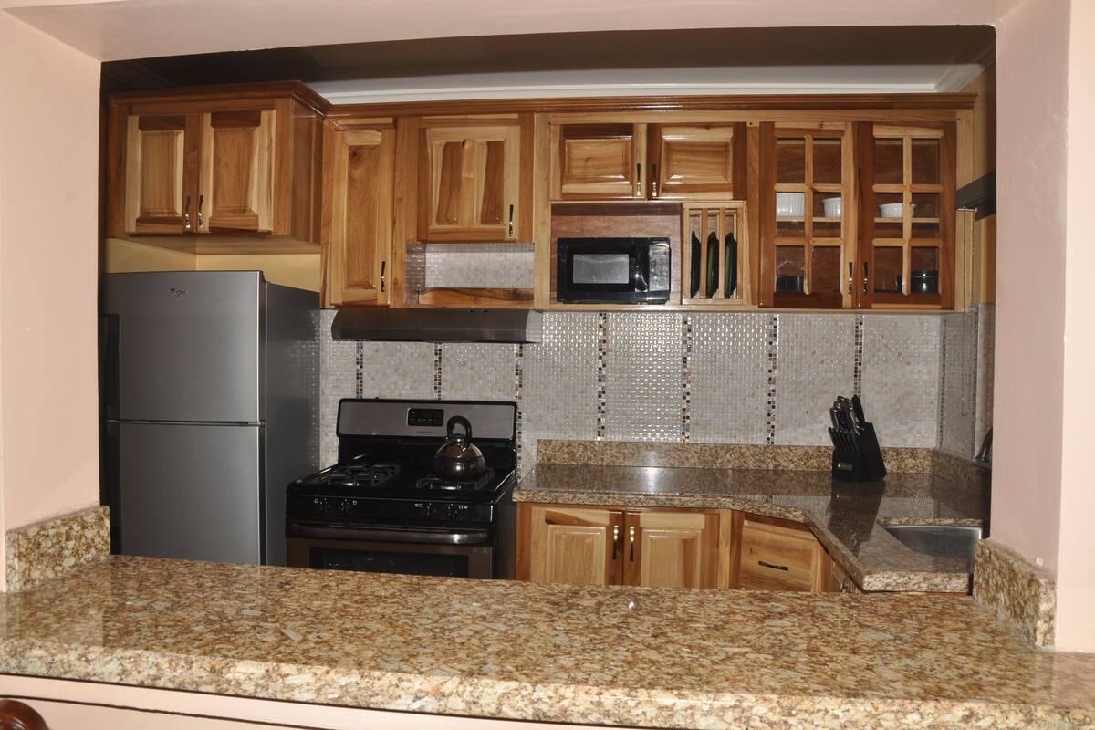 Full-size fridge, microwave, oven, stovetop