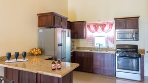 Cocina equipada con refrigerador, microondas, estufa y encimera de granito.