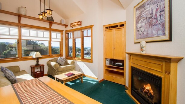 A cozy living room with a fireplace, a sofa, a coffee table, and a bookshelf. - Mendocino View East (Mendocino)
